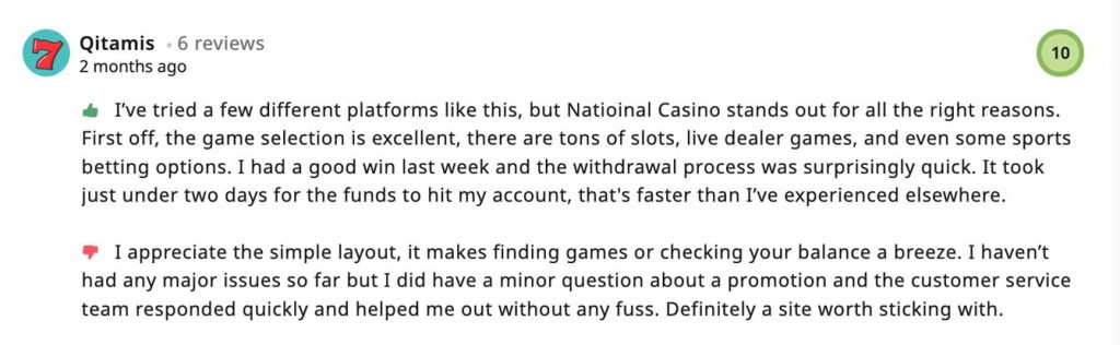 Avis positif de Qitamis sur le National Casino : sélection de jeux et retraits rapides