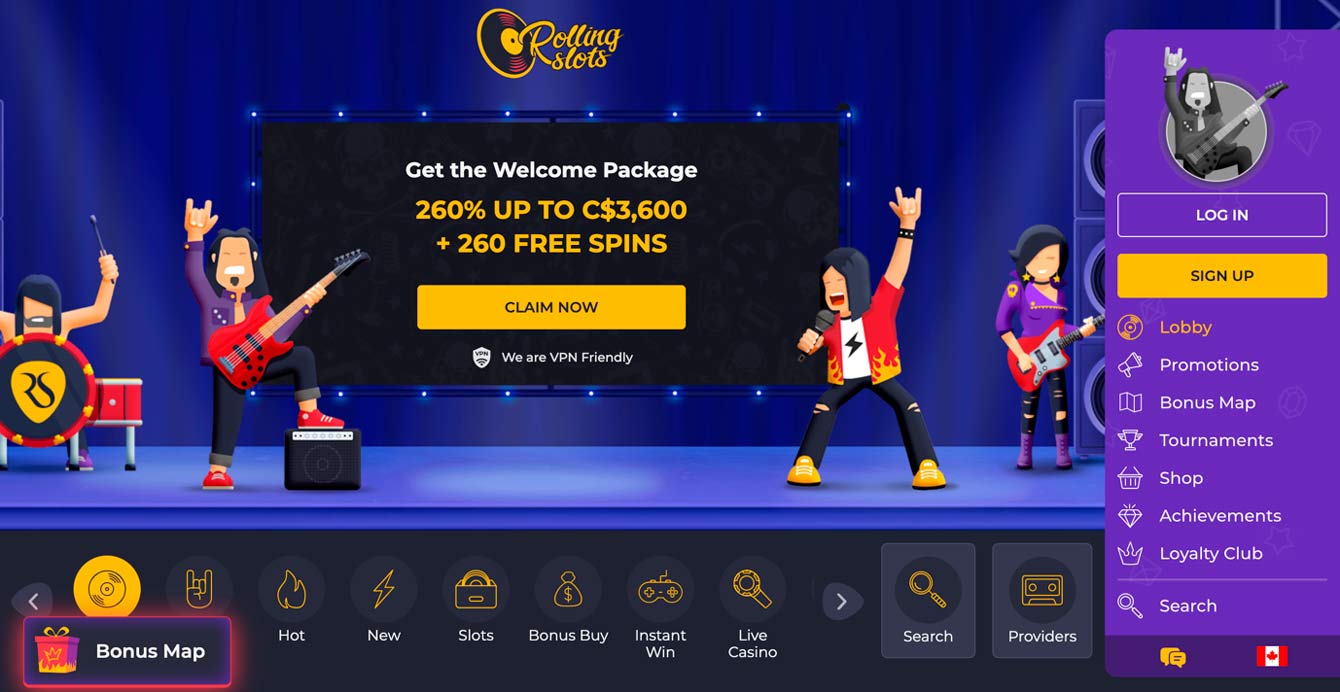 Page d'accueil de Rolling Slots avec une offre