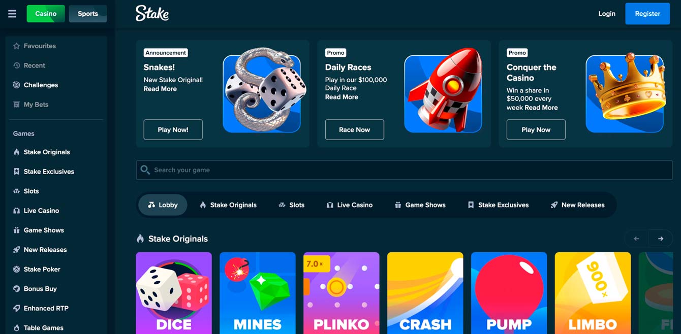 Interface de Stake Casino montrant les jeux originaux