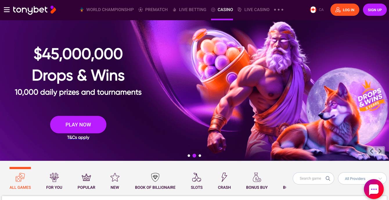 Page d'accueil de TonyBet avec la promotion